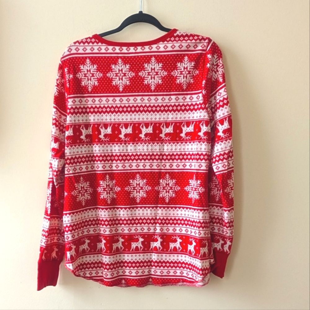 Old Navy Red Fair Isle Reindeer Thermal Knit Waffle Tee Shirt Top XL Tall - Picture 4 of 6